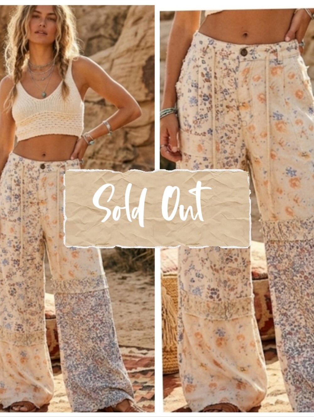 POL Patchwork Contrast  Floral Wide-Leg Pants Raw Hem